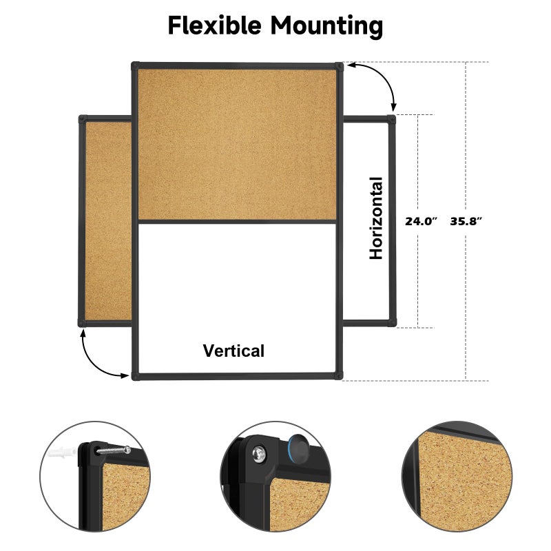 XBoard Magnetic whiteboard 36 x 24 - Combo Whiteboard Dry Erase Board/Cork Board, Magnetic White Board + Corkboard with Black Aluminum Frame, Colorful Push Pins & Marker Tray Included - Image 4